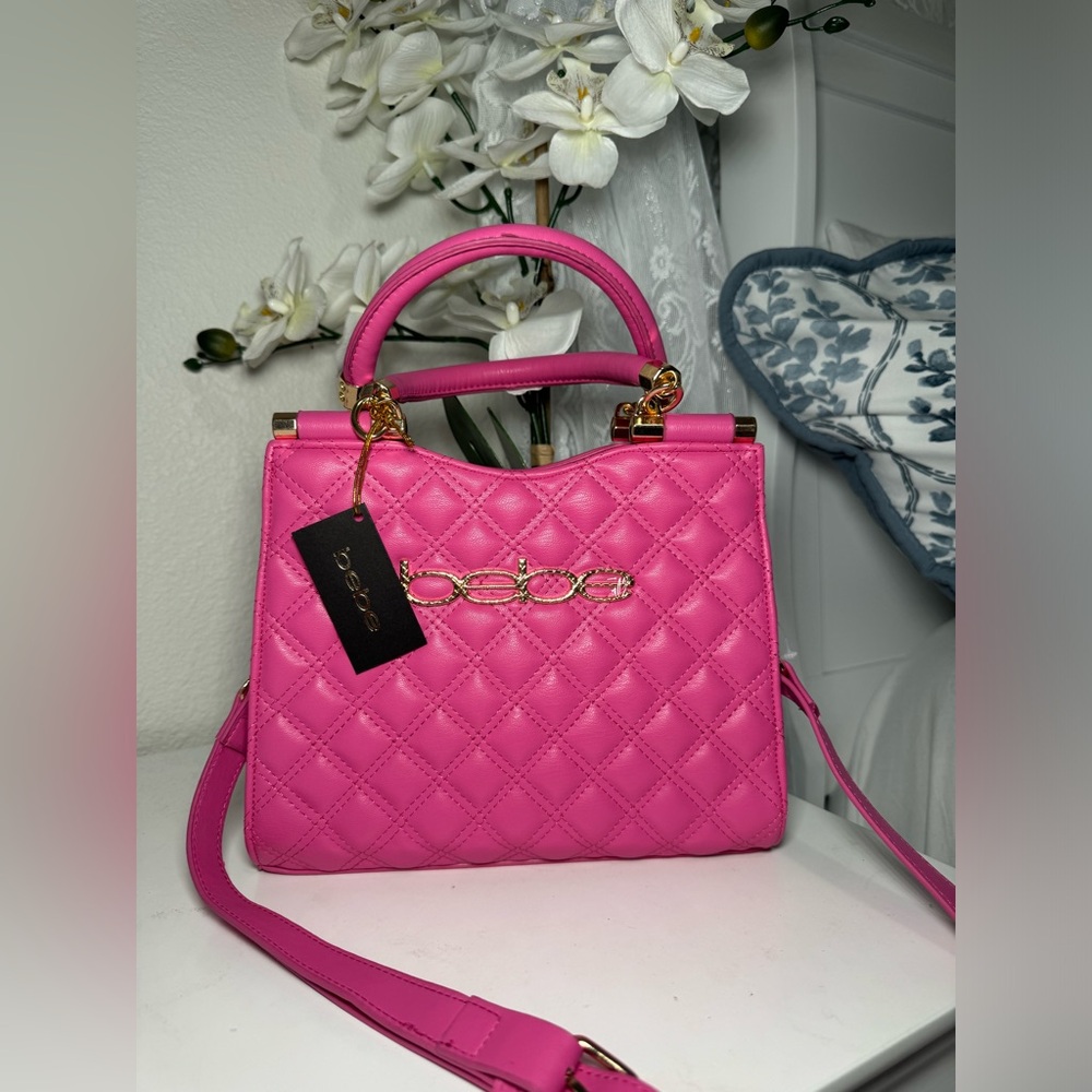 Bebe Fuchsia Quilted Satchel with Gold Accents